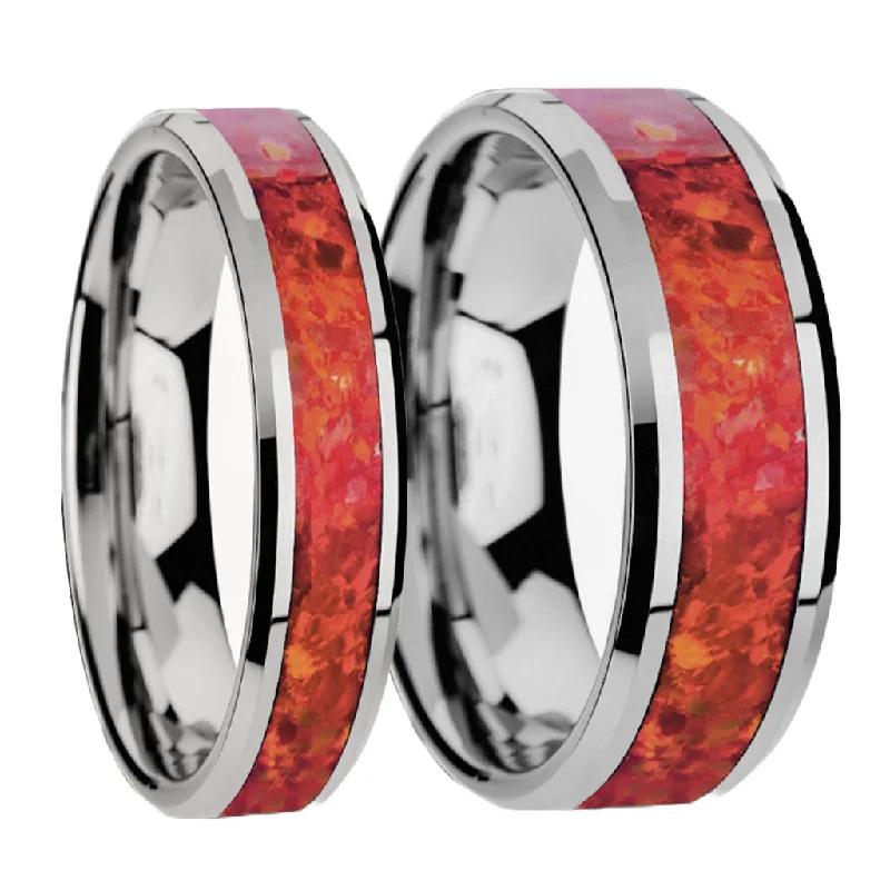 Custom rings with birthstones-Red Opal Inlay Tungsten Couple's Matching Wedding Band Set