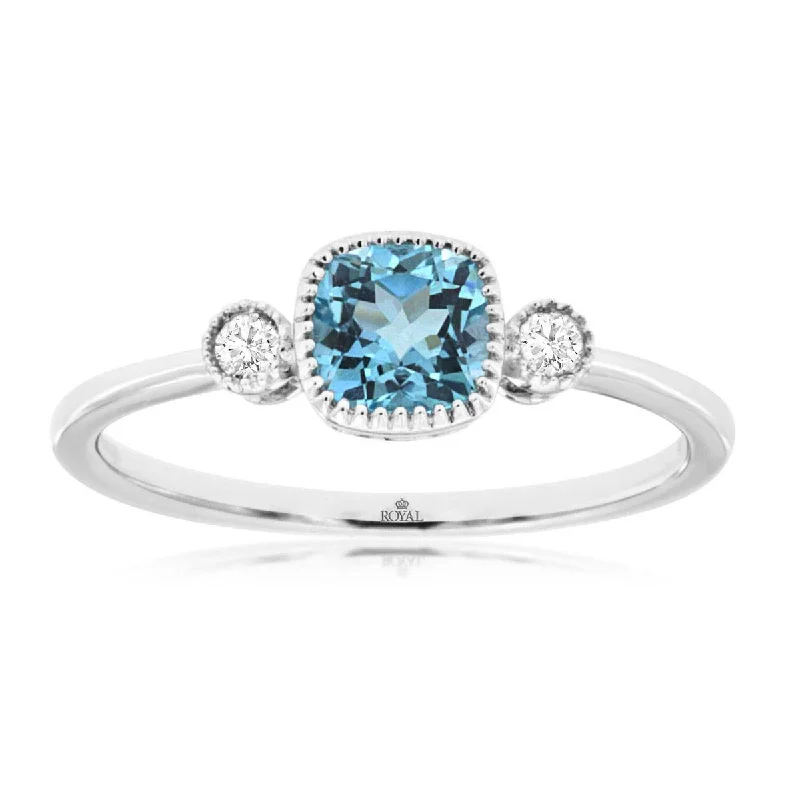 Elegant engagement rings with oval diamonds-Cushion Cut Swiss Blue Topaz and Round Diamond Three Stone Ring in White Gold