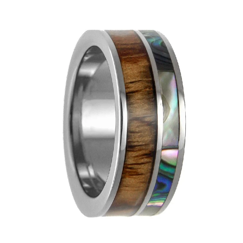 Unique rings for fashion-forward women-Men's Titanium Wedding Band with Hawaiian Koa Wood Inlay & Abalone Shell