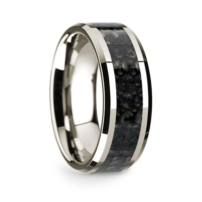 Elegant platinum rings for women-14k White Gold Men's Wedding Band with Blue Dinosaur Bone Inlay