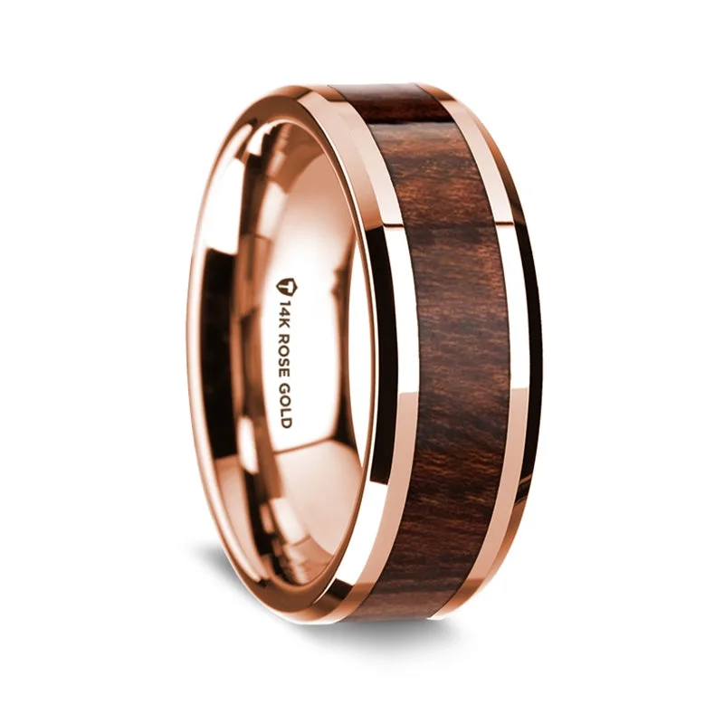 Rings with colored diamonds for women-14k Rose Gold Men's Wedding Band with Carpathian Wood Inlay