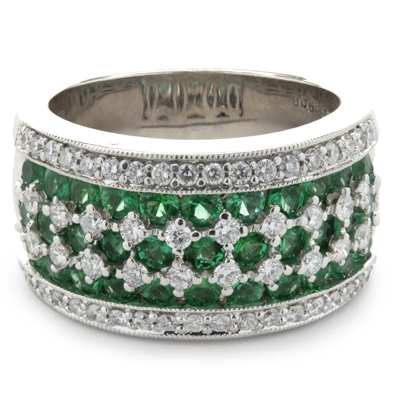 Affordable engagement rings with diamonds-18 Karat White Gold Diamond and Emerald Seven Row Band