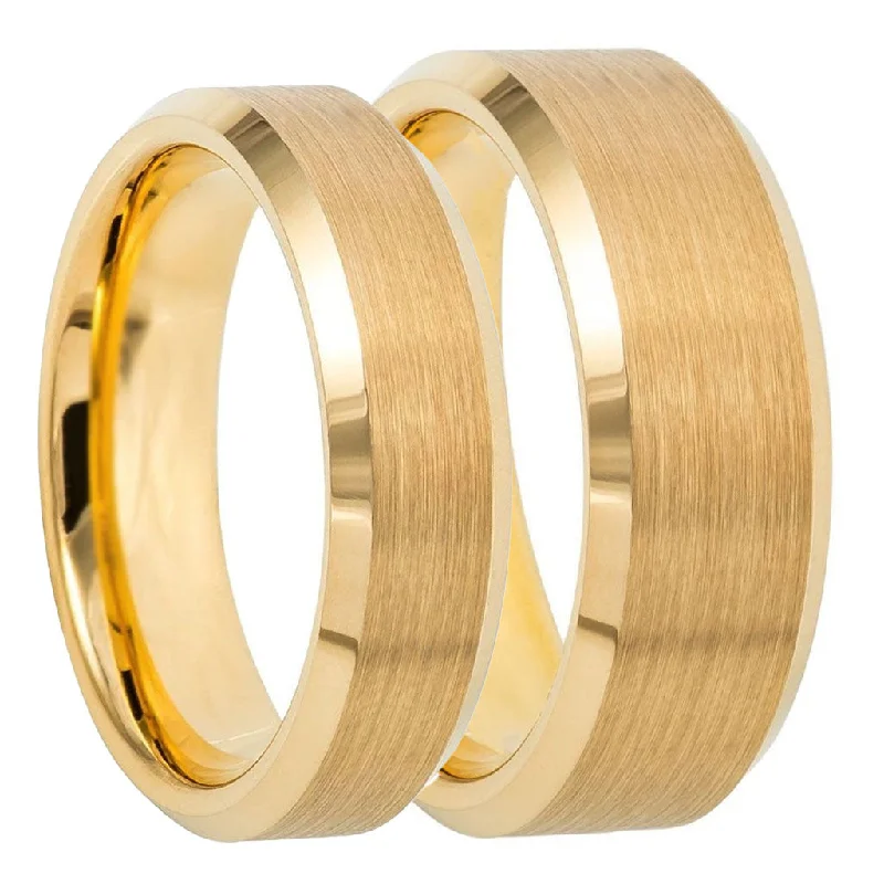 Stylish rings with multicolored gemstones-Classic Brushed Gold Tungsten Couple's Matching Wedding Band Set