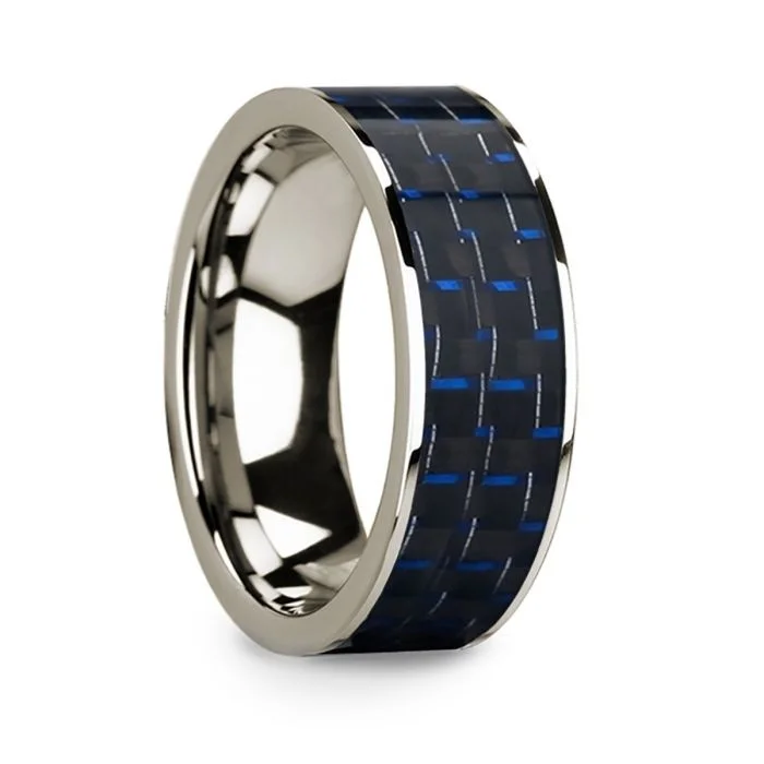 Stunning engagement rings with diamonds-14k White Gold Men's Wedding Band with Blue & Black Carbon Fiber Inlay