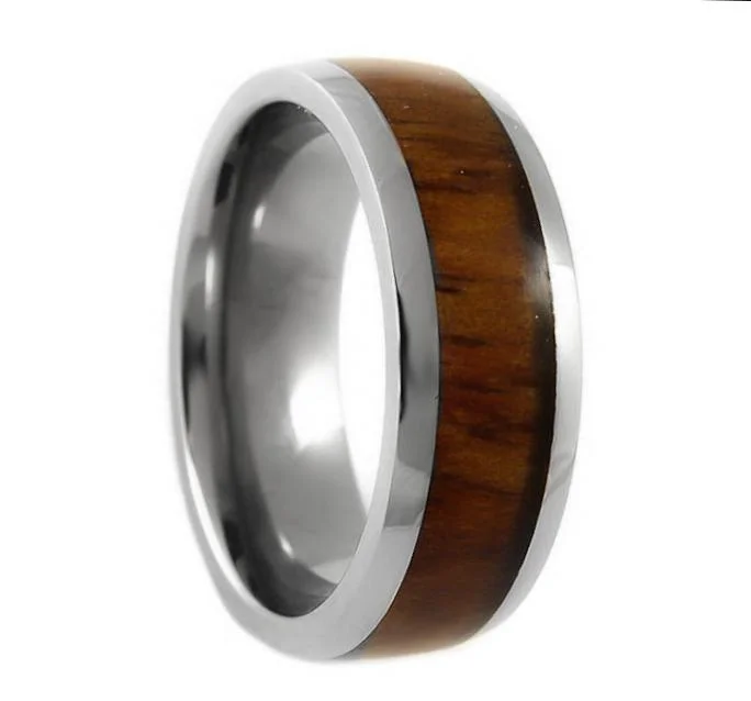 Wedding rings with diamonds and sapphires-Men's Titanium Wedding Band with Hawaiian Koa Wood Inlay