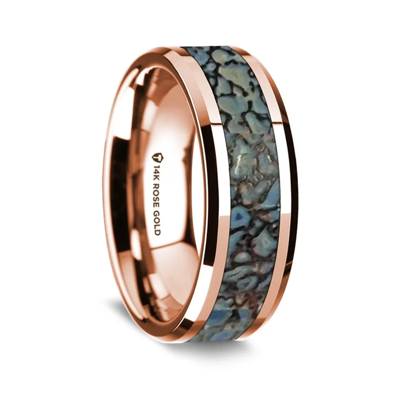 Trendy statement rings for every occasion-14k Rose Gold Men's Wedding Band with Blue Dinosaur Bone Inlay