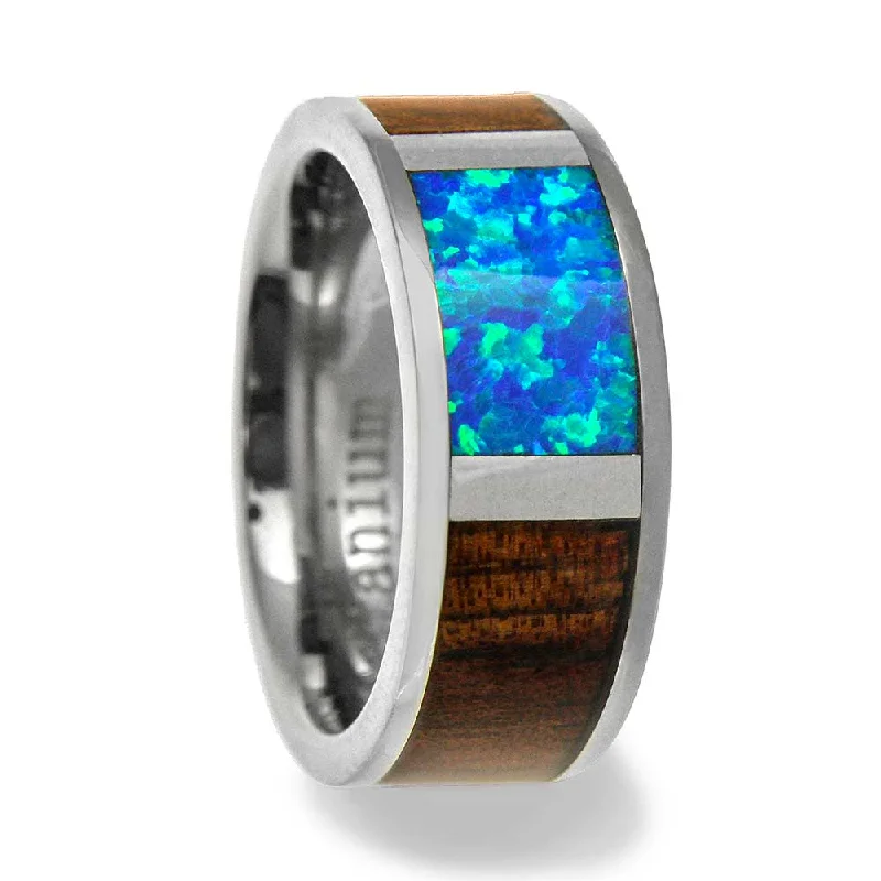 Designer rings with sapphires-Men's Titanium Band with Blue Opal Center & Koa Wood Inlay