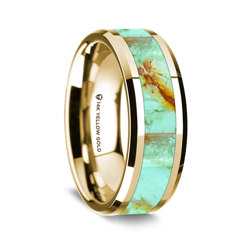 Wedding rings with diamonds and rubies-14k Yellow Gold Men's Wedding Band with Turquoise Inlay