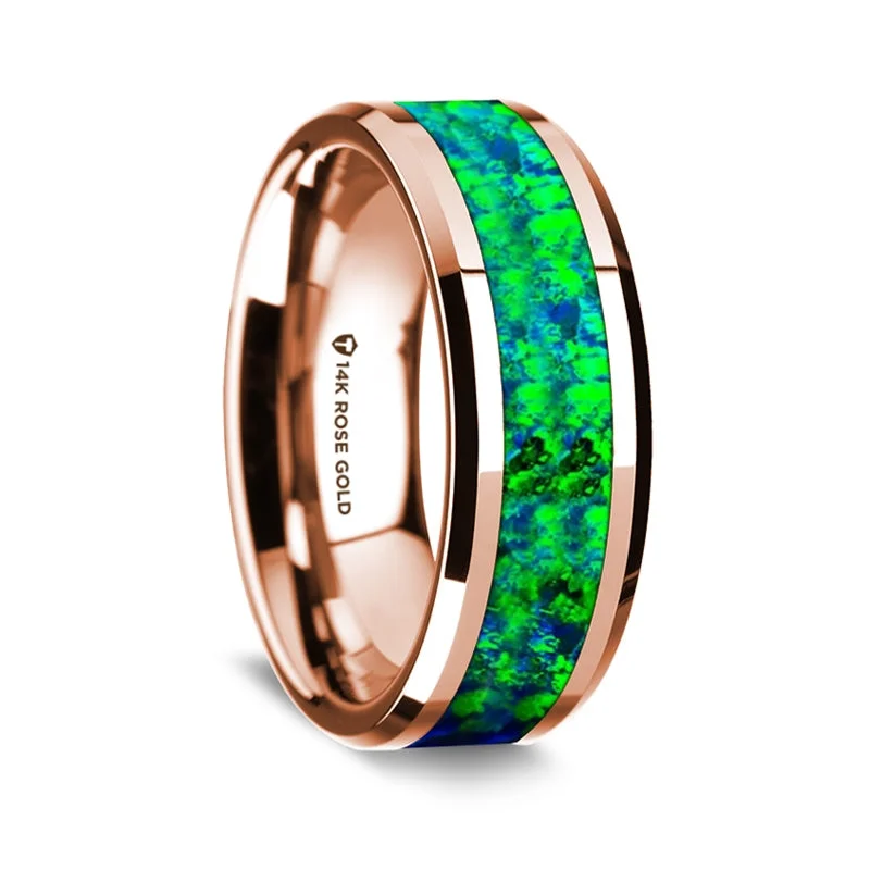 Sparkling rings with emerald accents-14k Rose Gold Men's Wedding Band with Blue & Green Opal Inlay