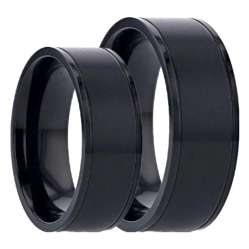 Unique sapphire rings for women-Black Titanium Couple's Matching Wedding Band Set with Dual Grooves