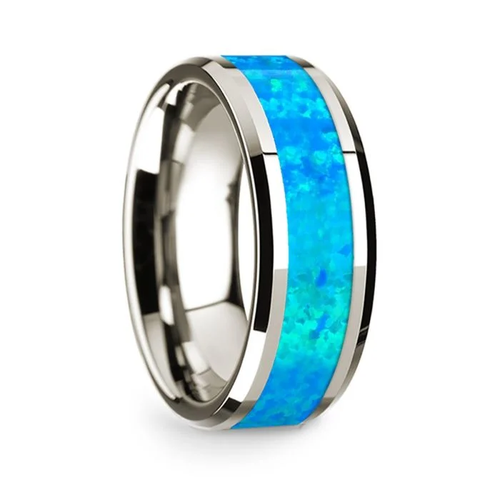 Beautiful rings with opals-14k White Gold Men's Wedding Band with Blue Opal Inlay