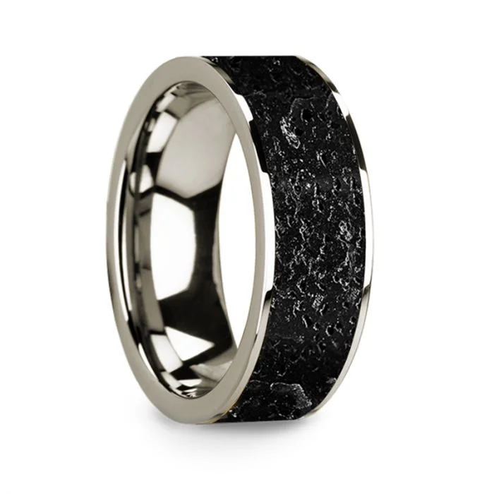 Statement rings with gemstones-14k White Gold Men's Wedding Band with Lava Rock Inlay