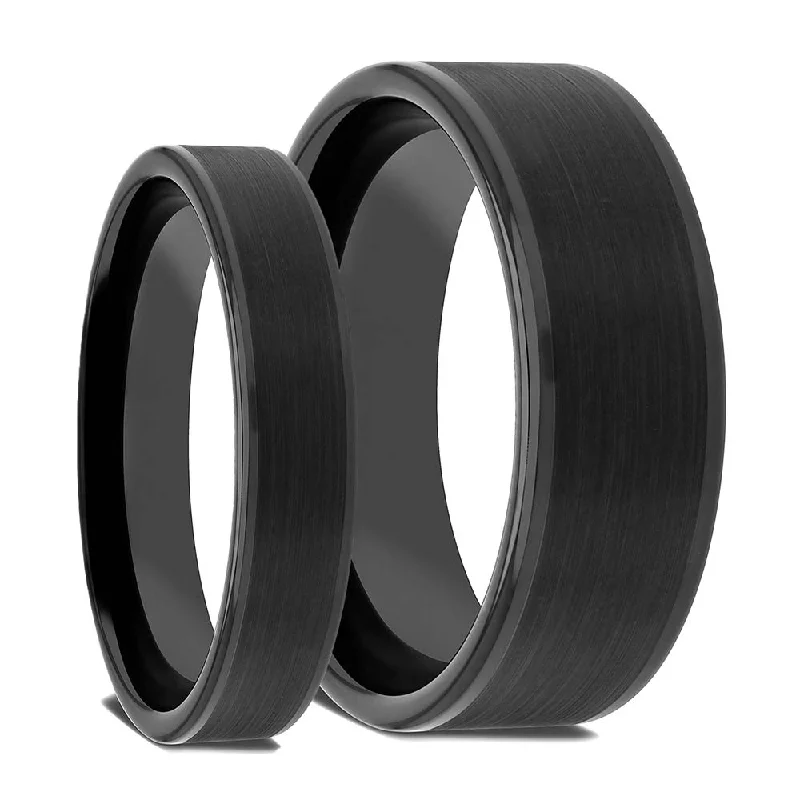 Simple yet elegant rings with diamonds-Brushed Center Black Ceramic Couple's Matching Wedding Band Set