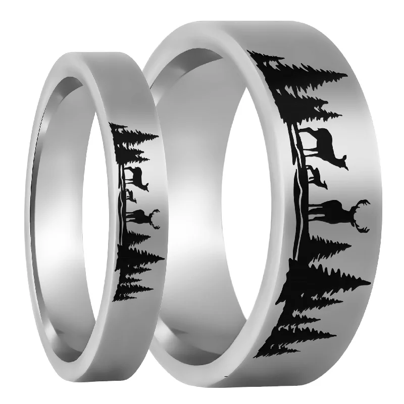 Unique sapphire rings for women-Deer & Landscape Scene Tungsten Couple's Matching Wedding Band Set