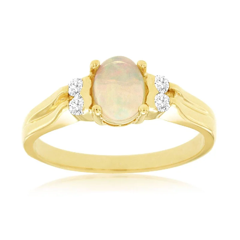 Classic engagement rings with white diamond accents-Yellow Tone Oval Cabochon Ethiopian Opal and Diamond Ring in Yellow Gold