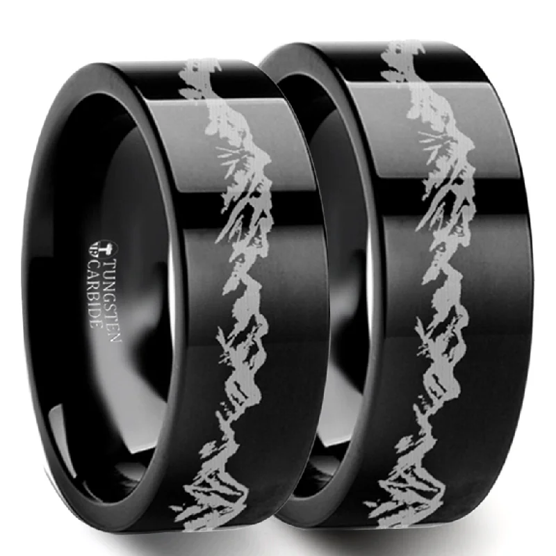 Silver rings with diamond accents-Mountain Range Black Tungsten Couple's Matching Wedding Band Set