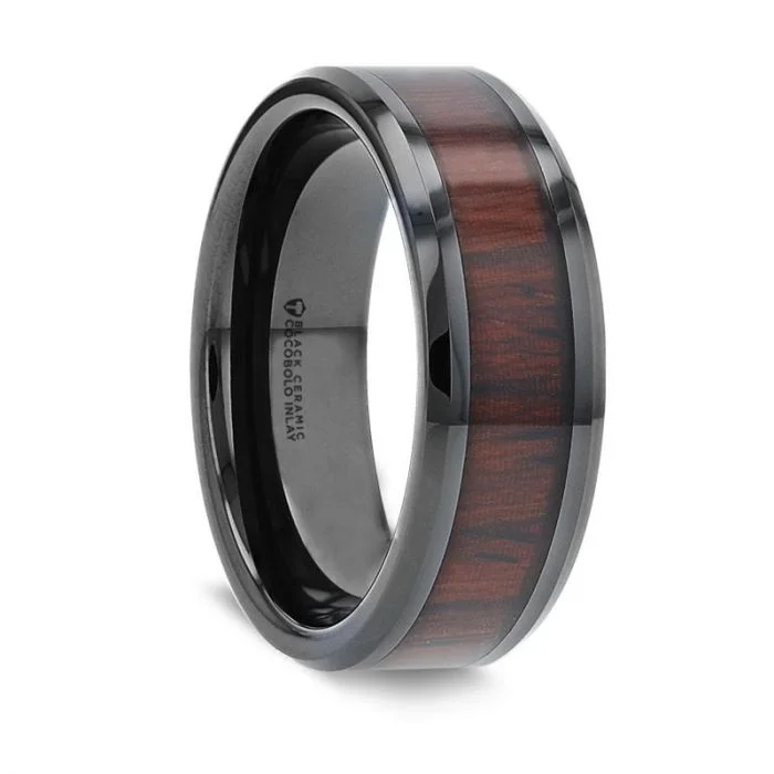 Modern engagement rings with simple designs-Black Ceramic Men's Wedding Band with Cocobolo Wood Inlay