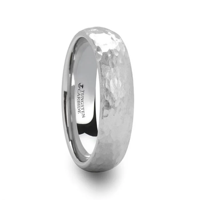 Engagement rings with radiant-cut diamonds-Hammered Men's White Tungsten Wedding Band