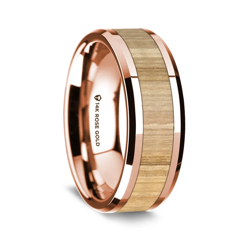 Engagement rings with radiant-cut diamonds-14k Rose Gold Men's Wedding Band with Ash Wood Inlay