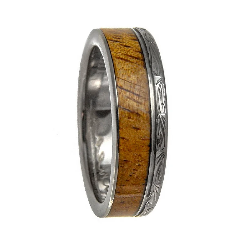 Gorgeous rings with colored stones-Engraved Scroll Pattern Titanium Wedding Band with Asymmetrical Koa Wood Inlay