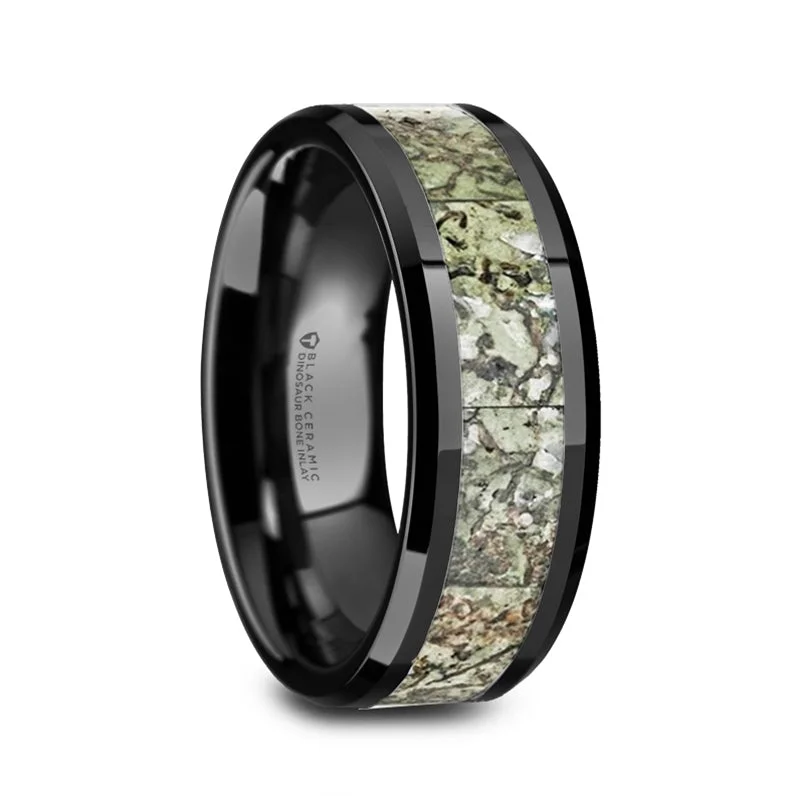 Sparkling rings with emerald accents-Black Ceramic Men's Wedding Band with Green Dinosaur Bone Inlay