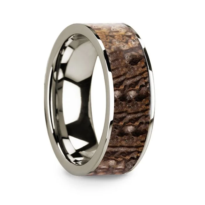 Classic rings with round-cut diamonds-14k White Gold Men's Wedding Band with Brown Dinosaur Bone Inlay