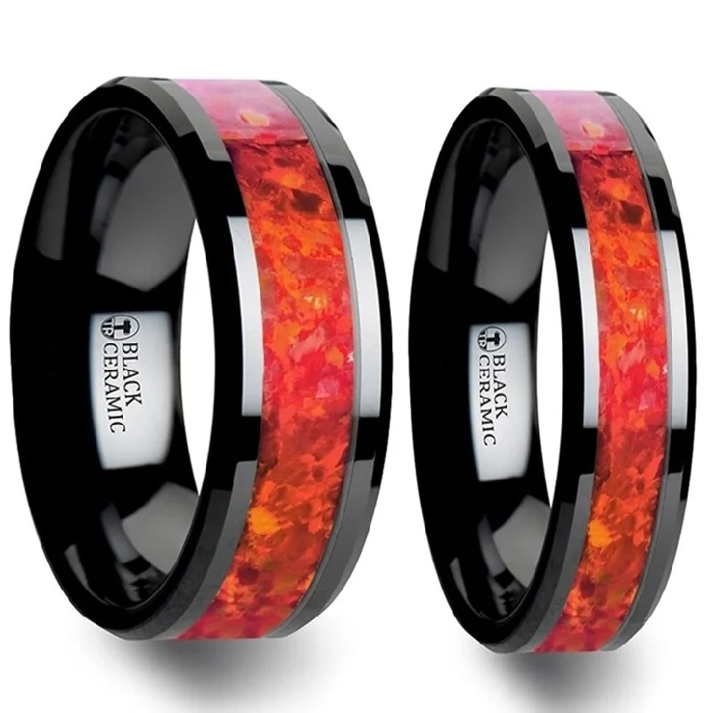 Beautiful bands with diamonds for women-Red Opal Inlay Black Ceramic Couple's Matching Wedding Band Set