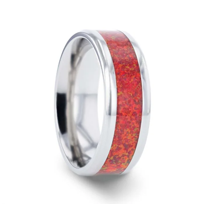 Classic rings with round-cut diamonds-Titanium Men's Wedding Band with Red Opal Inlay