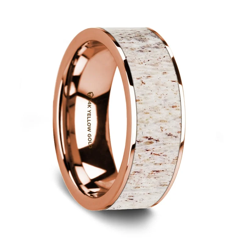 Custom-designed rings for women-White Deer Antler Inlay 14k Rose Gold Men's Wedding Band