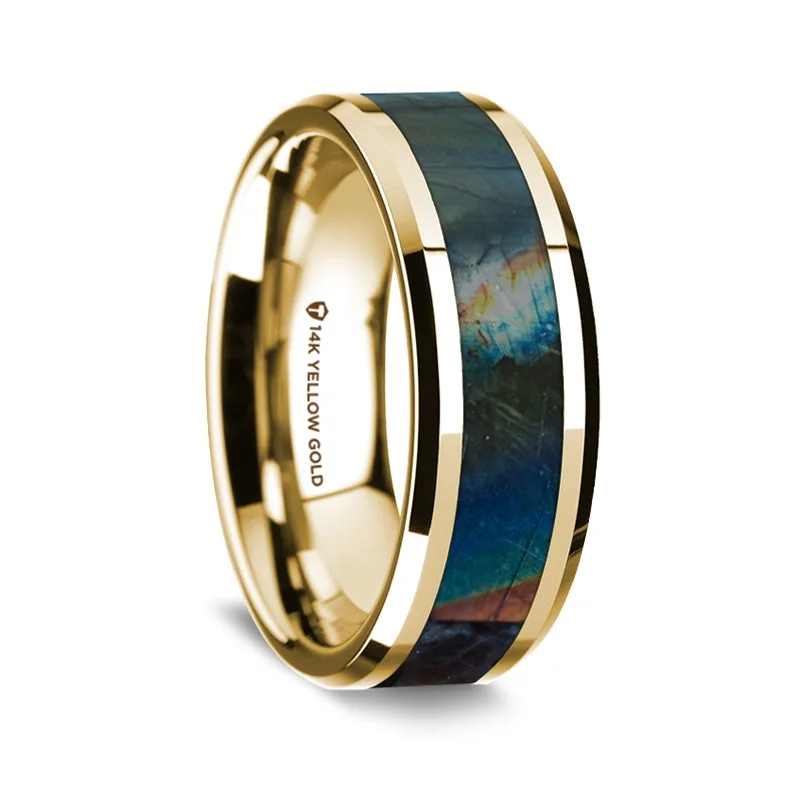 Simple yet elegant rings with diamonds-14k Yellow Gold Men's Wedding Band with Spectrolite Inlay