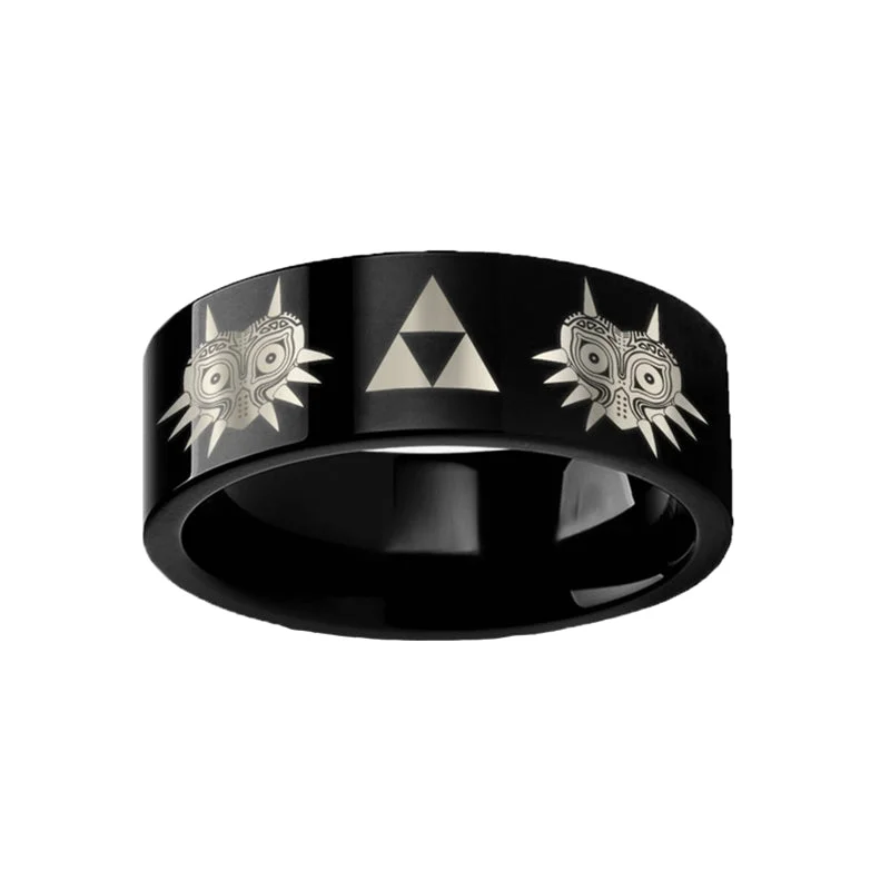 Simple wedding rings for women-Legend of Zelda Majora Mask Triforce Black Tungsten Men's Wedding Band