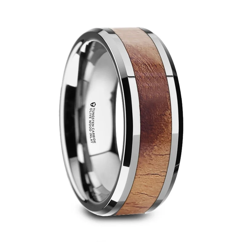 Elegant rings for formal events-Tungsten Wedding Band with Olive Wood Inlay