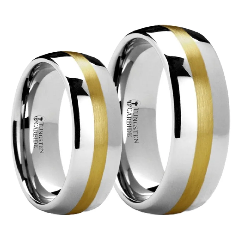 Unique sapphire rings for women-Domed Tungsten Couple's Matching Wedding Band Set with Gold Inlay