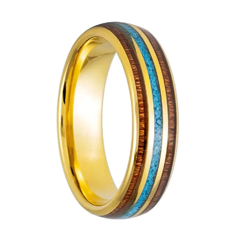 Modern rings with clean lines-Rosewood & Crushed Turquoise Stone Inlaid Gold Tungsten Women's Wedding Band