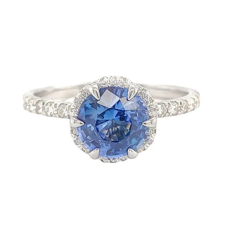 Elegant engagement rings with diamonds-Luminous Blue Round Sapphire Diamond Halo Pave Ring in White Gold