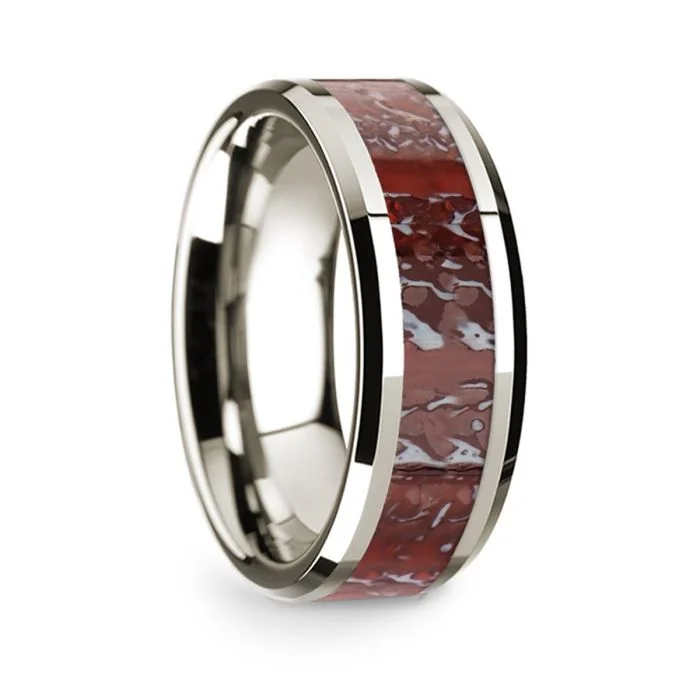 Trendy rings for modern women-14k White Gold Men's Wedding Band with Red Dinosaur Bone Inlay