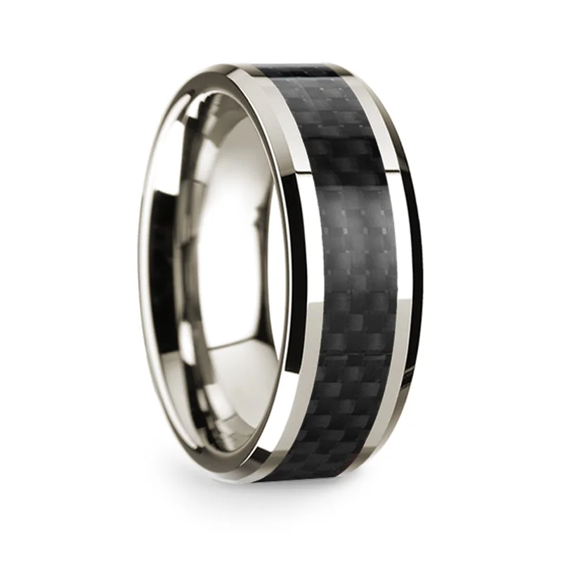 Simple but elegant wedding rings-14k White Gold Men's Wedding Band with Black Carbon Fiber Inlay