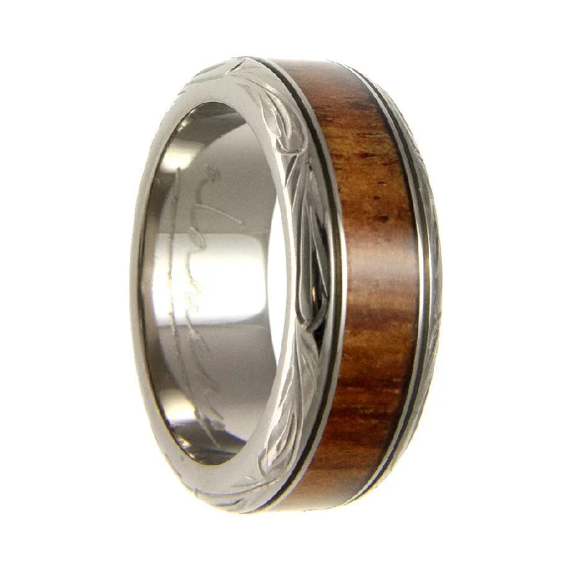 Custom-designed diamond rings-Men's Titanium Wedding Band with Koa Wood Inlay & Scroll Edges