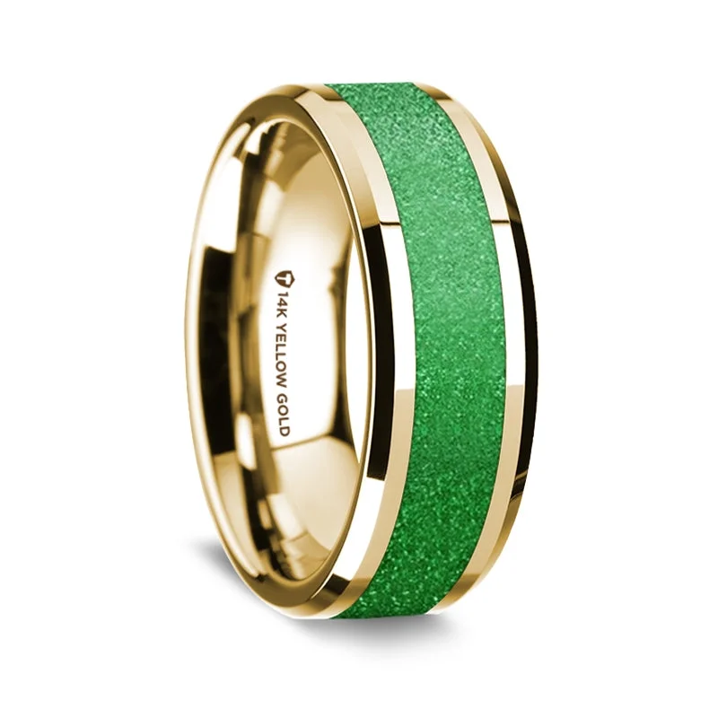 Personalized rings with names-14k Yellow Gold Men's Wedding Band with Sparkling Green Inlay