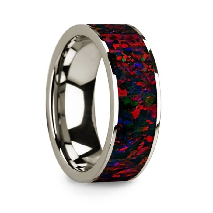 Modern engagement rings for women-14k White Gold Men's Wedding Band with Black and Red Opal Inlay