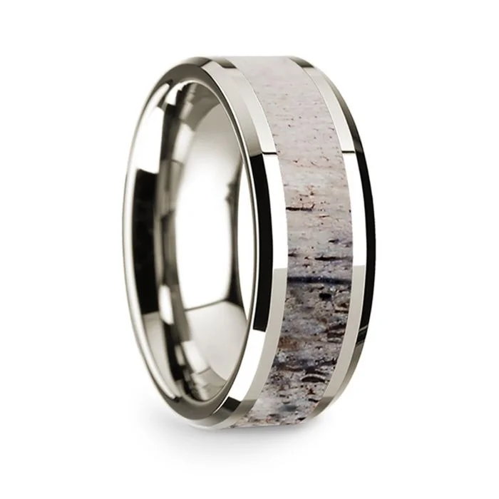 Rose gold rings for women-Ombre Deer Antler Inlay 14k White Gold Men's Wedding Band