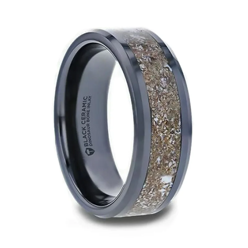 Affordable engagement rings for women-Black Ceramic Men's Wedding Band with White Dinosaur Bone Inlay