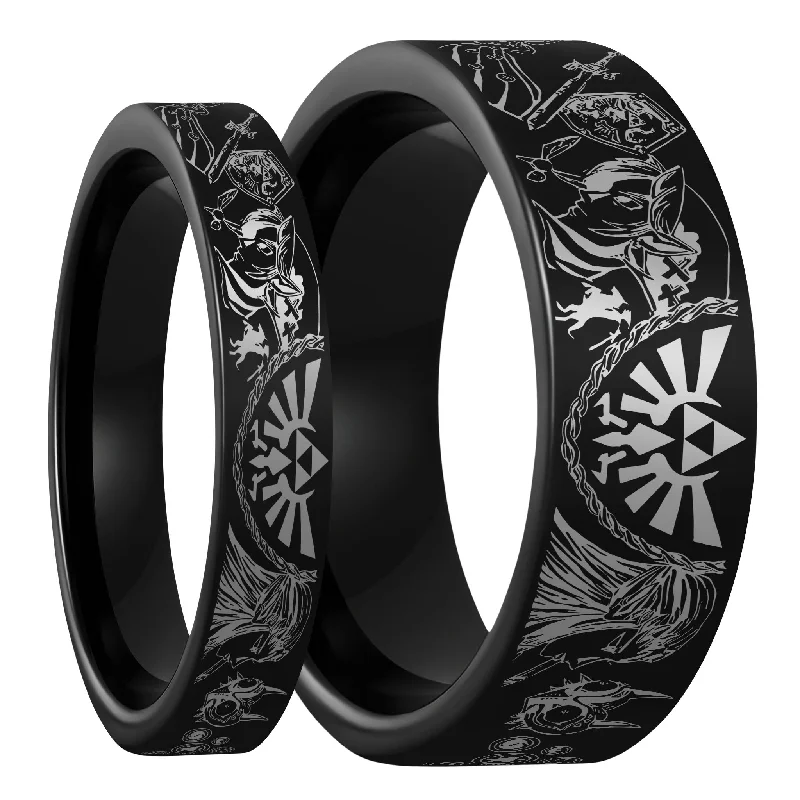 Stunning gold engagement rings-Legend of Zelda Black Tungsten Couple's Matching Wedding Band Set