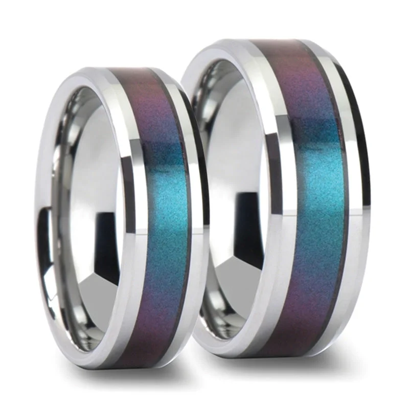 Custom rings with custom initials-Blue & Purple Color Changing Inlay Tungsten Couple's Matching Wedding Band Set