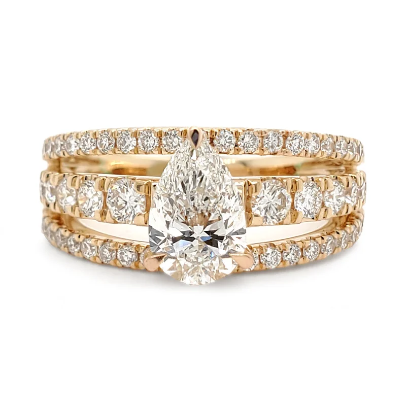 Affordable engagement rings with moissanite-Three Band Lab-Created Pear Shaped Diamond Pave Engagement Ring in Yellow Gold, 2.01 cttw