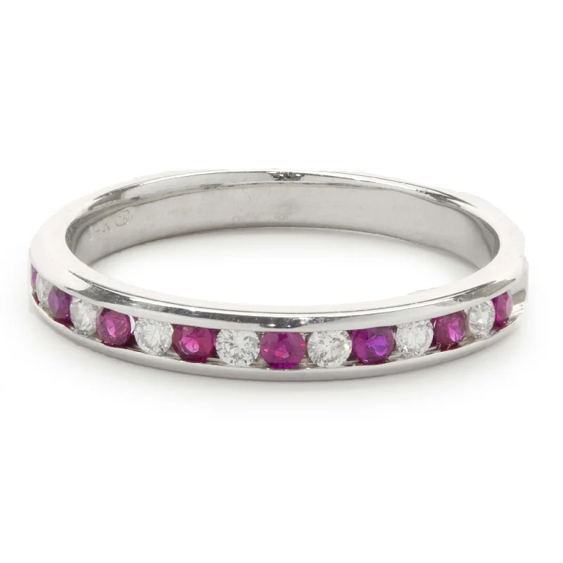 Timeless engagement rings with solitaire diamonds-14 Karat White Gold Ruby and Diamond Band