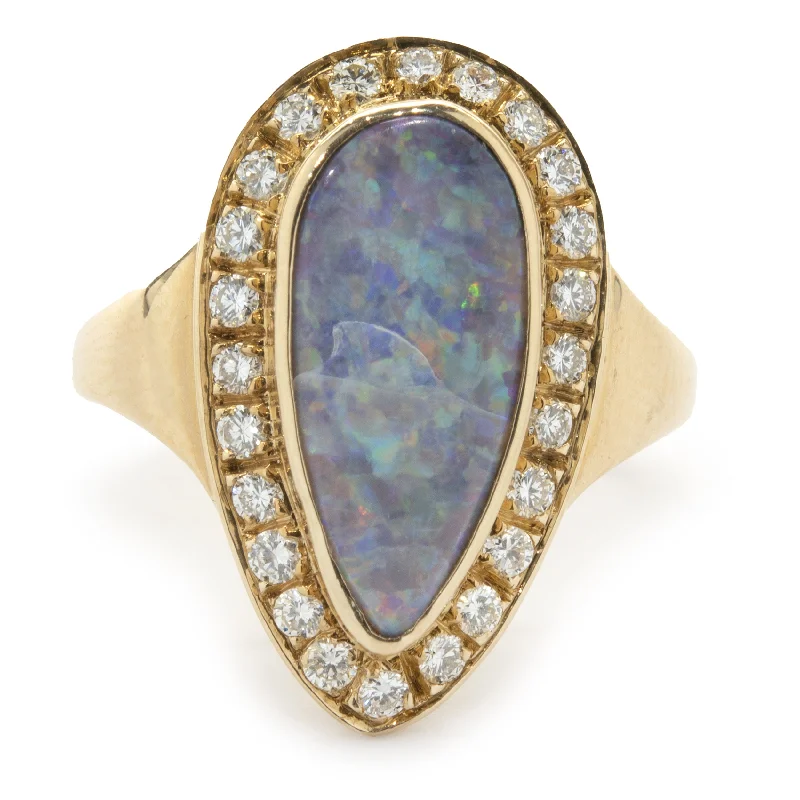 Elegant diamond engagement rings for women-14 Karat Yellow Gold Vintage Black Opal and Diamond Ring