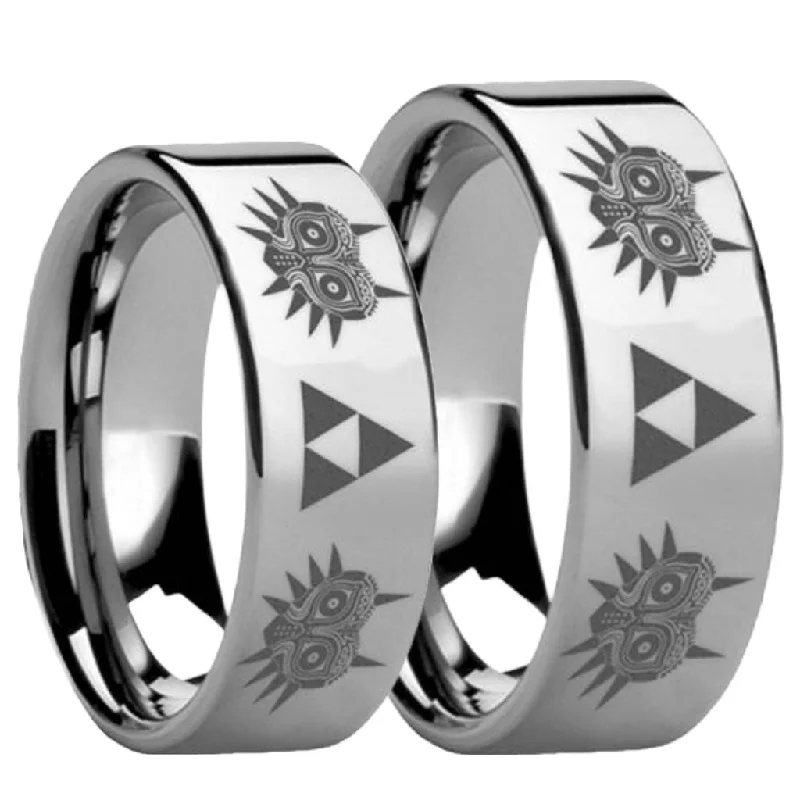 Classic rings with emerald-cut diamonds-Legend of Zelda Majora Mask Triforce Tungsten Couple's Matching Wedding Band Set