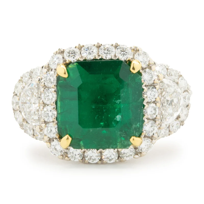 Classic engagement rings with round diamonds-18 Karat Yellow & White Gold Emerald and Pave Diamond Cocktail Ring