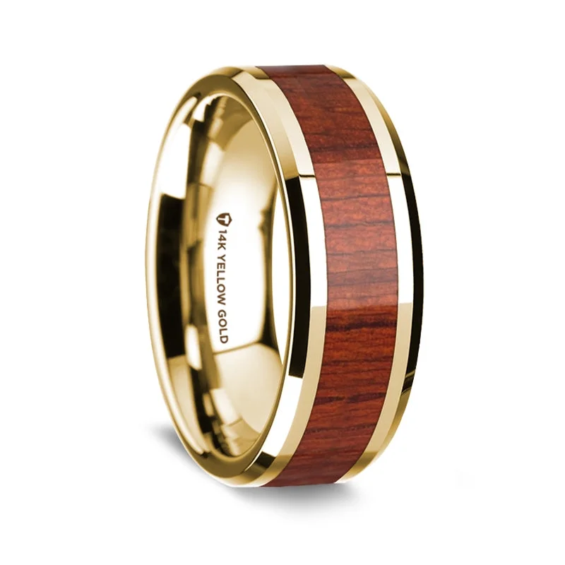 Stylish silver rings for women-14k Yellow Gold Men's Wedding Band with Padauk Wood Inlay